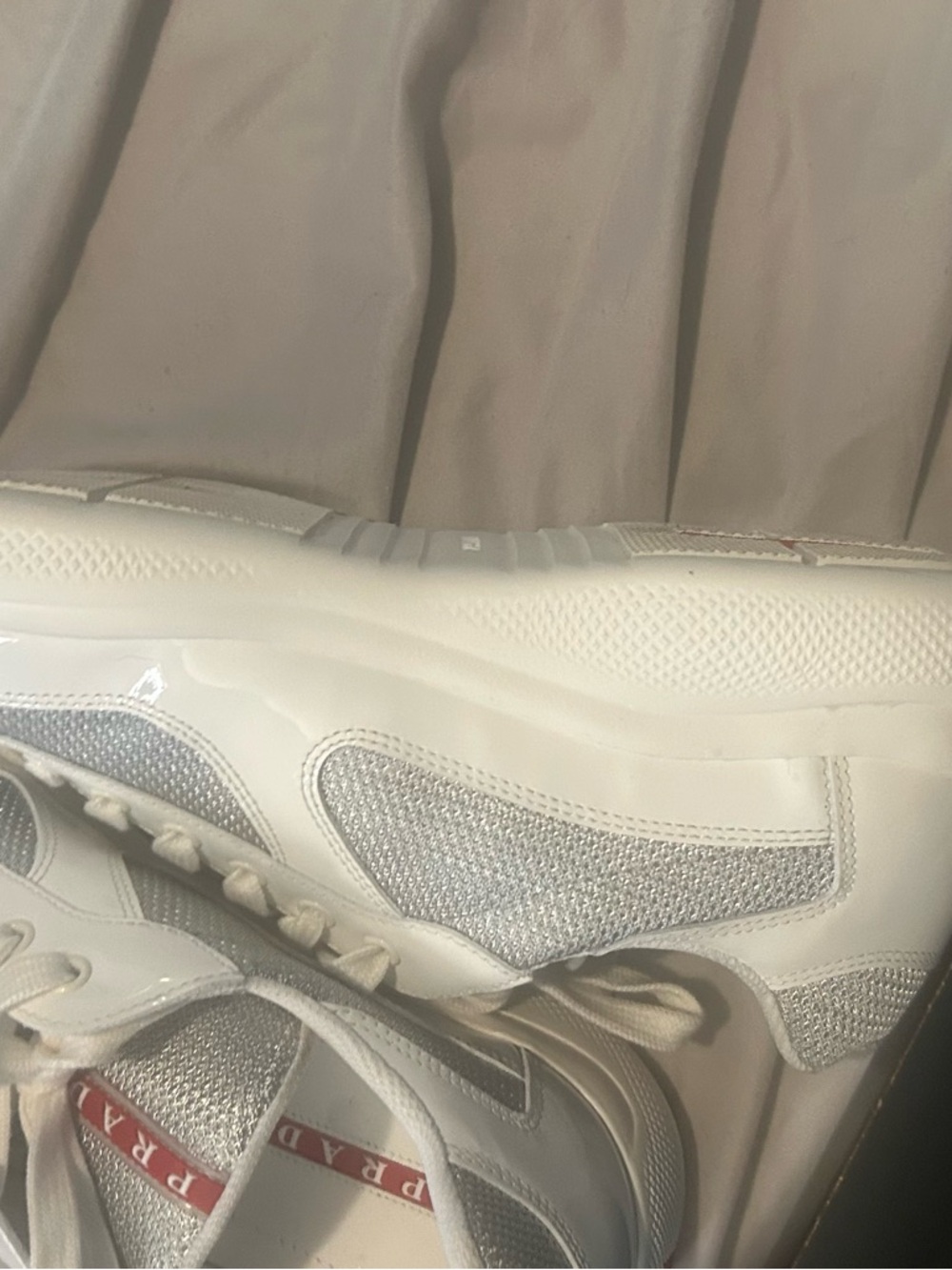 Prada White Slip-On Sneaker with Silver Mesh and Red Logo - Picture 8 of 14